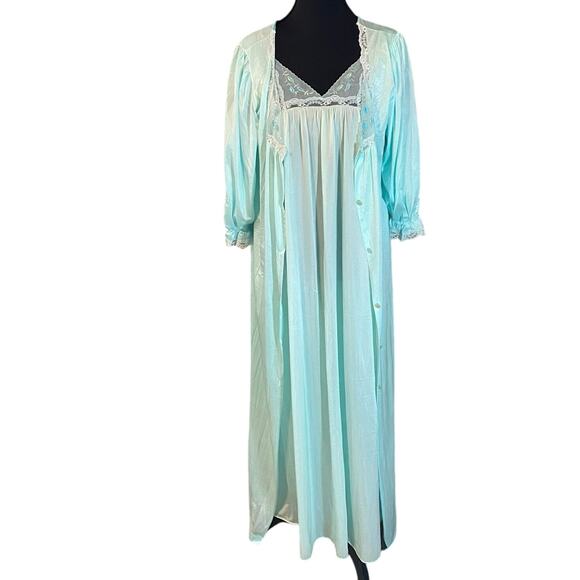 Vintage 1960s Texsheen Aqua Blue Nylon Peignoir Set Nightgown Robe M/L Fairycore - Picture 2 of 12